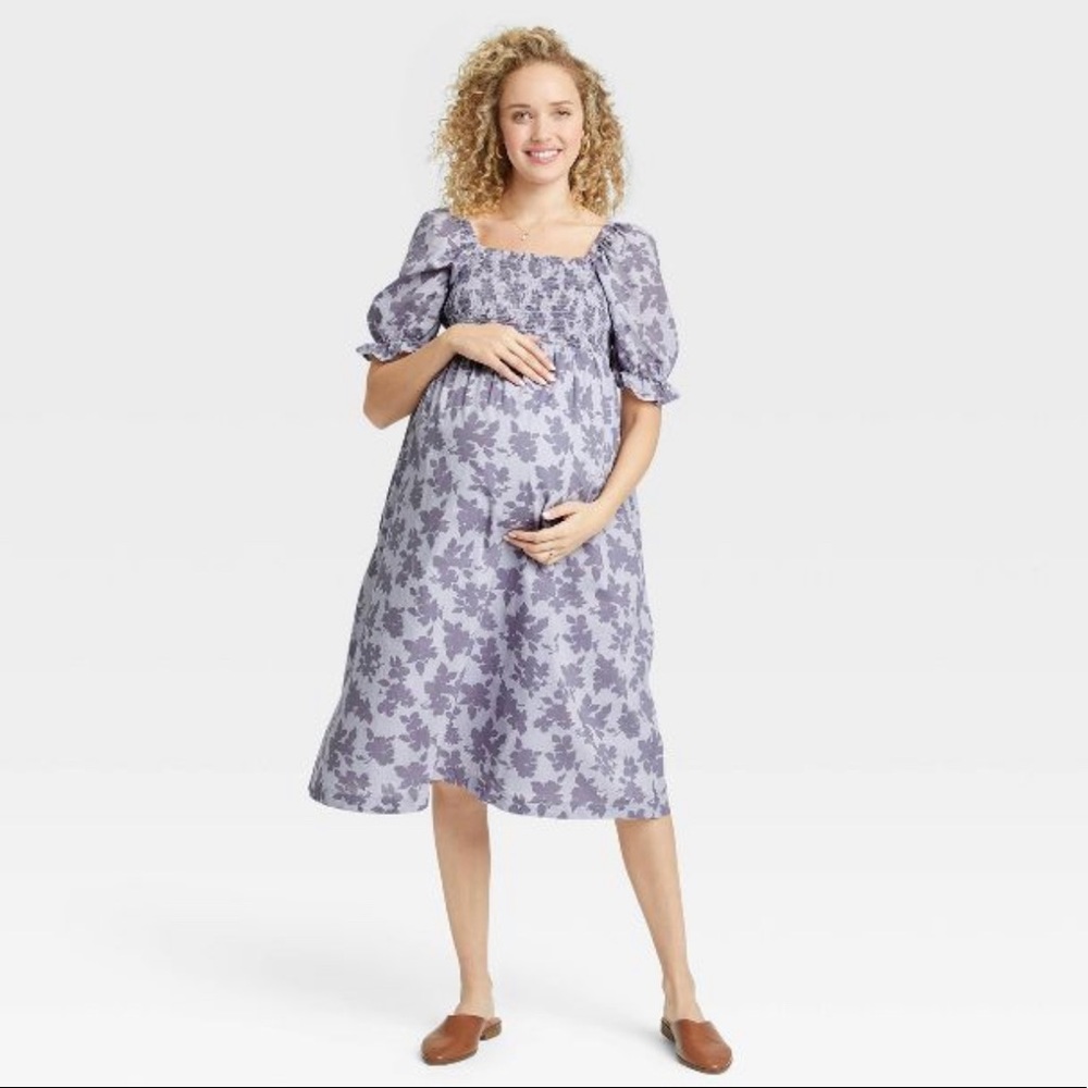 The Nines by Hatch Smocked Purple Lilac Floral Maternity Dress M